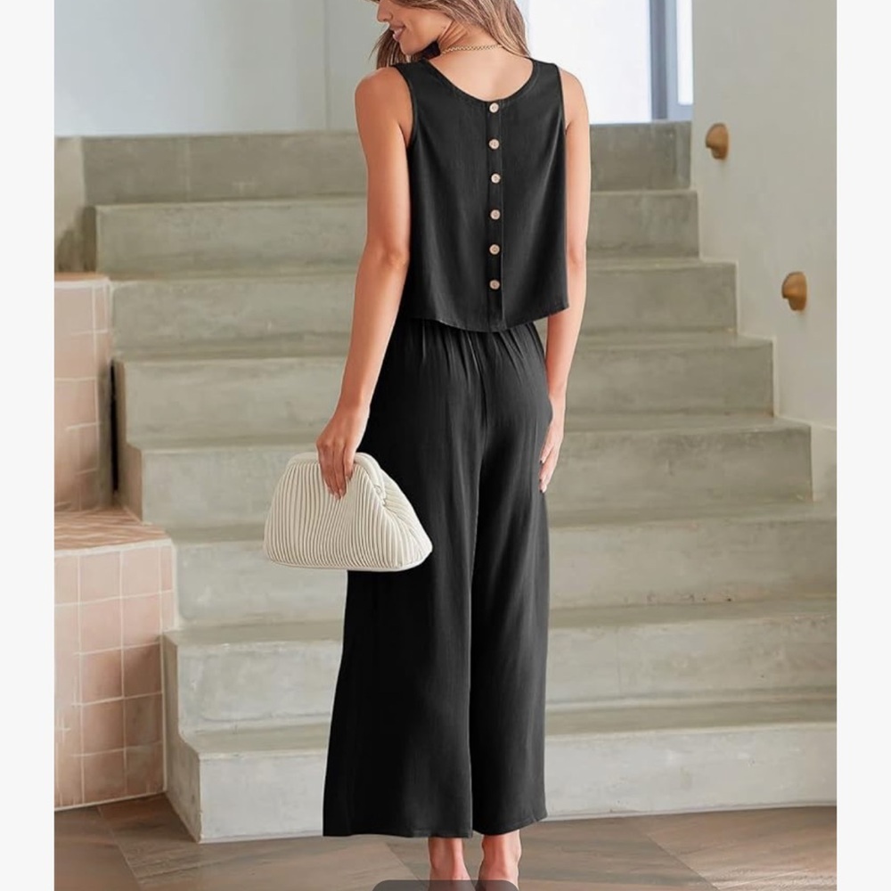 ANRABESS Summer 2 Piece Outfits Sleeveless Crop Top Black Wide Leg Pants Linen M - Picture 12 of 14